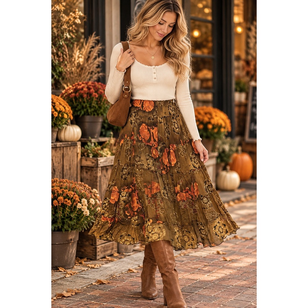 Boho Tiered Midi Skirt Brown Floral Whimsigoth Fall Prairie Peasant Festival